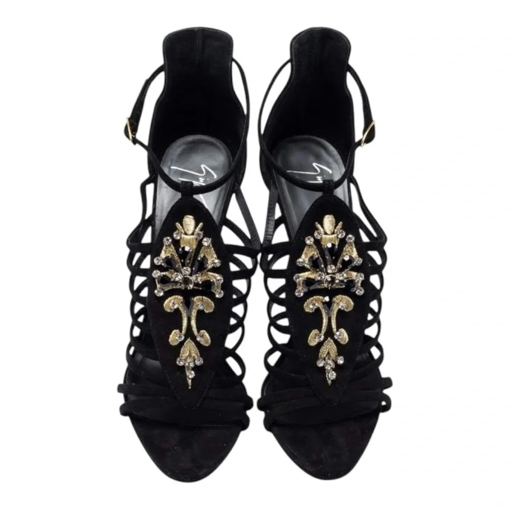 🍸GIUSEPPE ZANOTTI🍸Sexy Black Crystal Embellished T-Bar Sandal Heel - Picture 4 of 12